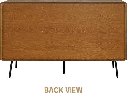 NTC MOSSIC Modern Sideboard with 3 Doors, Natural Rattan Storage Cabinet, Buffet with Metal Legs, Boho Accent Cabinet for Living Room, and Entryway, Effortless Assembly - Rustic Oak