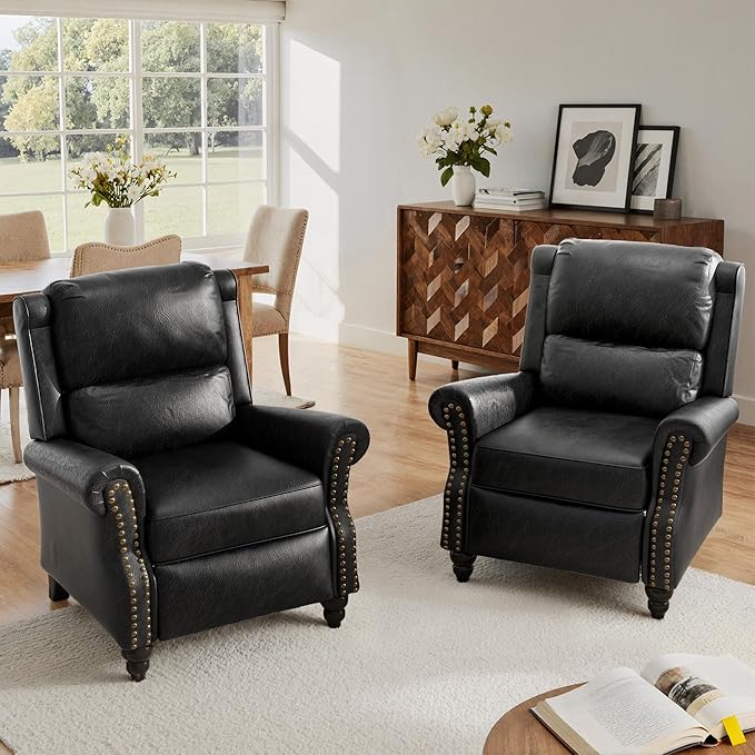 Lumibee Pushback Recliner Chair,Upholstered Wingback Chair for Small Spaces,2 Set of PU Leather Armchair for Living Room,Single Sofa Accent Chair Reading Seat for Balcony,Bedroom-Black