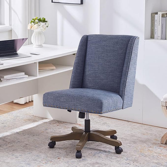 Armless Home Office Chair with Wooden Legs, Modern Adjustable Upholstered Office Desk Chair No Arms Computer Chair Swivel Chair for Home Office Study Studio (Blue)