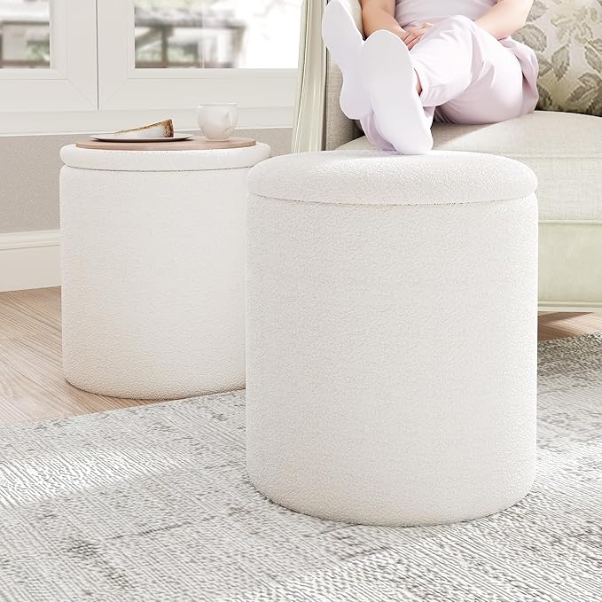 Ottoman Poufs with Storage,Soft Upholstered Vanity Stool,Multifunctional Ottomans Coffee Table Padded Seat Foot Rest for Living (White M)