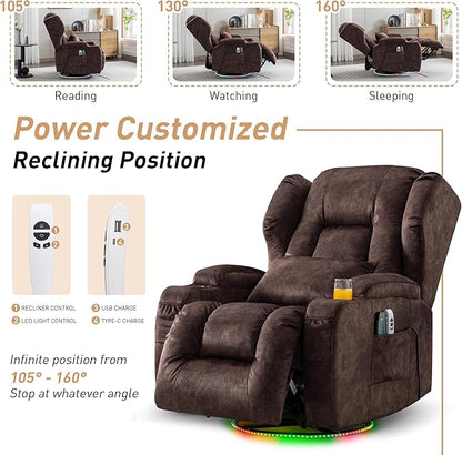 Power Swivel Rocker Recliner Chairs, Electric Wall Hugger Reclining Sofa with Massage & Heat, Comfy Theater Seating Single Chair with LED Light/USB/Type-C Ports (Velvet Brown, Set of 2)