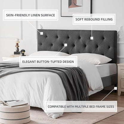 Linen Upholstered Headboard Twin Size, Diamond Tufting Solid Wood Twin XL Headboard Only, Adjustable Height from 37” to 51” Head Board, Dorm Bed Frame or Wall Mount Headboards, Dark Grey
