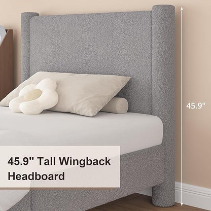Twin Size Bed Frame, Boucle Upholstered Platform Bed with Headboard and Footboard, Soft Rounded Corners, No Box Spring Required, Easy Assembly, Light Grey