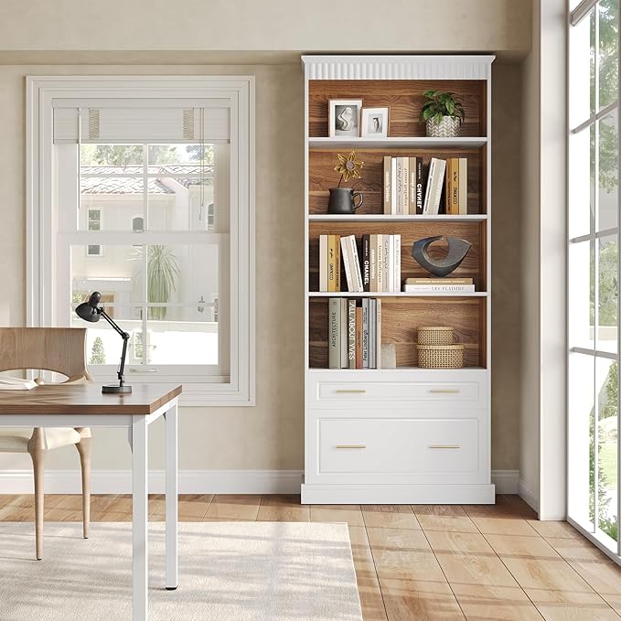 LITTLE TREE 72-Inch Tall White Bookcase, 5-Tier Wooden Open Display Bookshelf with 2 Drawers fits Letter, Legal, A4 Size, Modern Floor Standing Storage Organizer for Home Office & Living Room,Bedroom