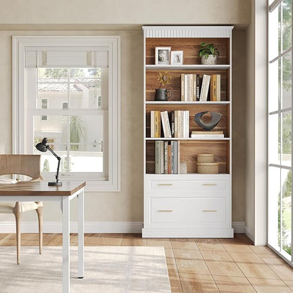 LITTLE TREE 72-Inch Tall White Bookcase, 5-Tier Wooden Open Display Bookshelf with 2 Drawers fits Letter, Legal, A4 Size, Modern Floor Standing Storage Organizer for Home Office & Living Room,Bedroom