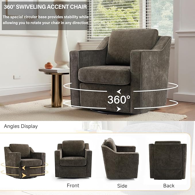 UIXE Swivel Accent Chair, Chenille Upholstered Arm Chair for Living Room, Modern Club Armchair Comfy Single Sofa Bedroom Reading Seat with Lumbar Pillow - Coffee