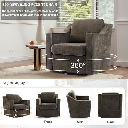 UIXE Swivel Accent Chair, Chenille Upholstered Arm Chair for Living Room, Modern Club Armchair Comfy Single Sofa Bedroom Reading Seat with Lumbar Pillow - Coffee