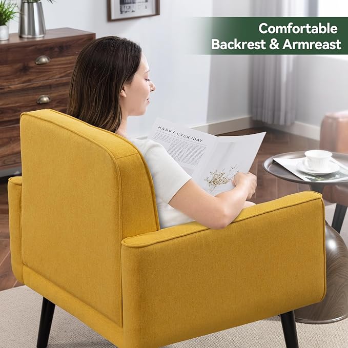 Mid Century Accent Chair, Fabric Modern Chair with Wooden Frame, Cozy Armchair Reading Chair with Comfy Back for Apartment, Living Room, Bedroom, Waiting Room, Small Space, Corner, Yellow