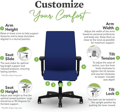 HON Ignition 2.0 Mid Back Task Chair, Spectrum Mesh, Standard Synchro-Tilt Control, Office Chair with Lumbar Support, Height and Width Adjustable Arms, Black Frame, Cobalt