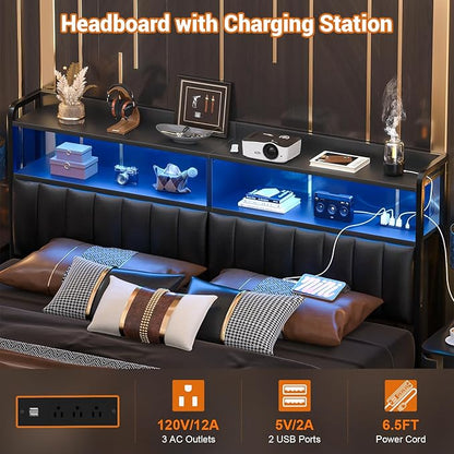 Aheaplus Headboard for Queen Size Bed Frame, Upholstered Headboards with Outlets, USB Ports and LED Light, Leather Head Board with Storage, Height Adjustable, Comfortable Headboard, Queen Size, Black