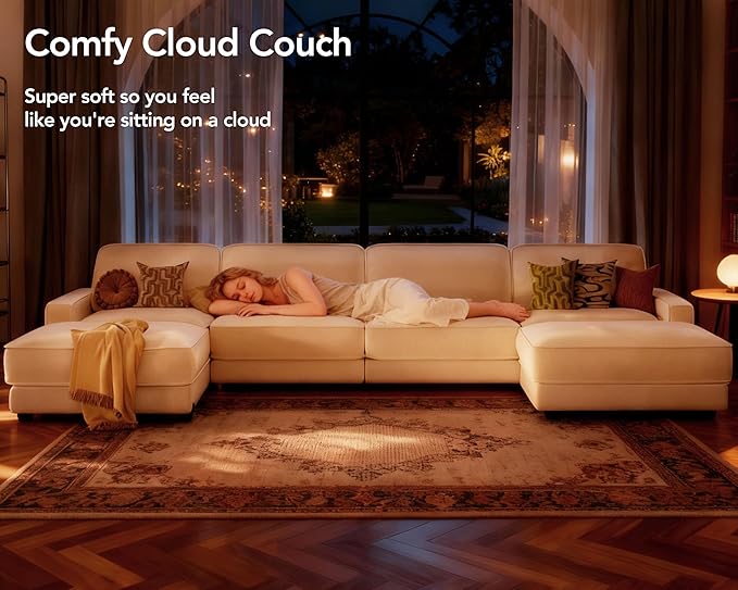 Sunny Heart 160" U-Shaped Modular Sectional Sofa, Oversized Cloud Couch with Movable Ottoman, 6-Seat Chenille Deep Seat Sofa with Pillow, Sectional Couches for Living Room, Apartment, Beige
