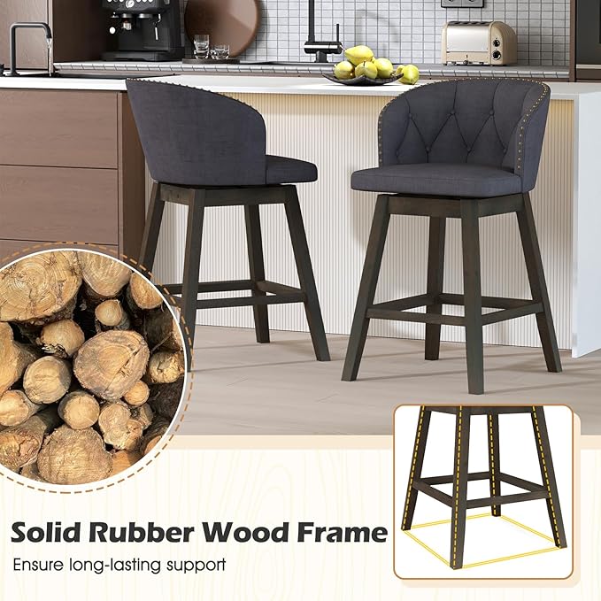 COSTWAY Counter Height Bar Stools Set of 2, Fabric Upholstered Island Stools with 360° Swivel Seat & Button-Tufted Back, Modern Pub Stools with Solid Rubber Wood Frame (Grey,2)