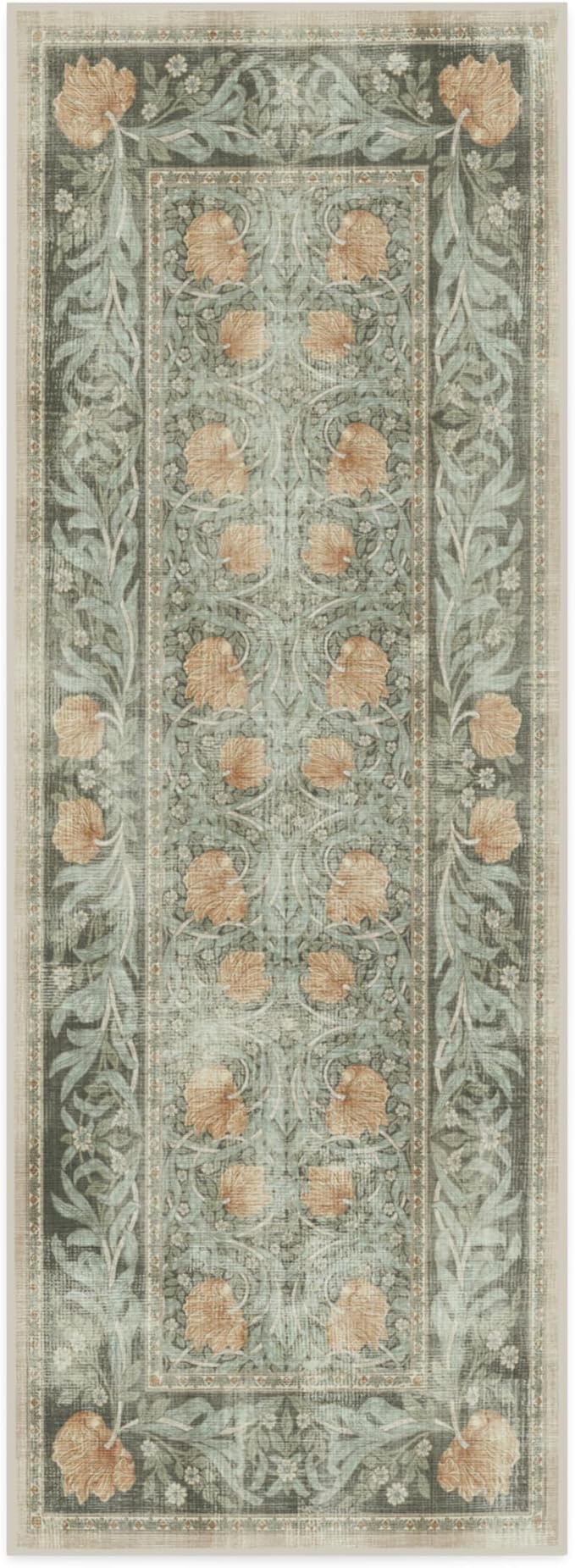 RUGGABLE x Morris & Co Machine Washable Runner Rug – Pimpernel Vintage Green 2.5x7, Stain-Resistant, Non-Slip – Washable Rug for Hallway, Entryway, Living Room & Kitchen–with Standard Pad