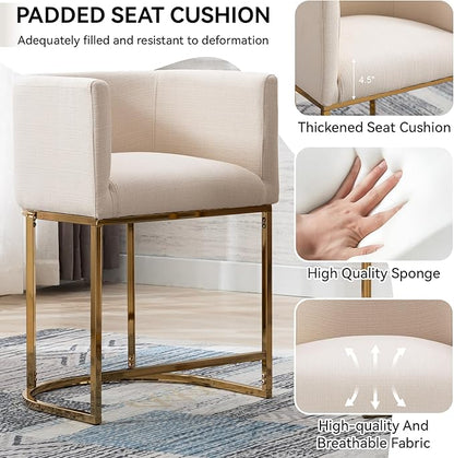Linen Bar Stools Set of 2, 24" Contemporary Upholstered Fabric Counter Height Bar Stools Kitchen Counter Island Stools Barstools with Golden Metal Base, Cream