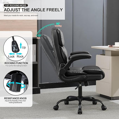 Office Desk Chair, Conference Room Chairs, Mid Back Executive Leather Chair,Ergonomic Home Computer Chair, Modern Office Chair with Adjustable Flip-Up Arms and Rocking Function (Black)