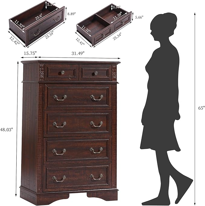 Dresser for Bedroom, 6 Drawers 48" Tall Dresser for Storage and Organization, Dark Brown Farmhouse Chest of Drawers for Living Room, Closet, Hallway