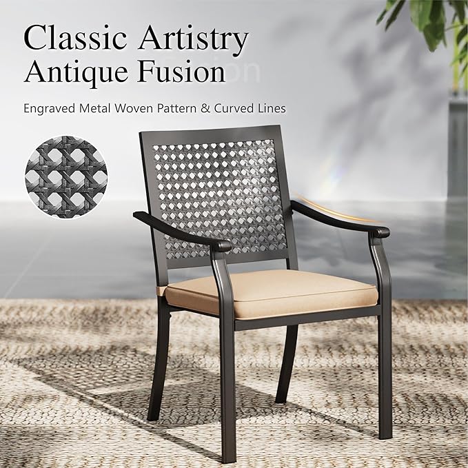 PHI VILLA Metal Outdoor Dining Chairs Set of 2 - Stackable Black Patio Chairs, 300lb Capacity (Beehive)
