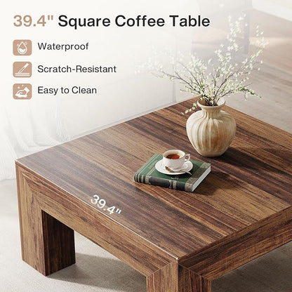 Tribesigns Farmhouse Square Coffee Table for Living Room, 39.37-Inch Low Large Center Tea Accent Table with Sturdy Legs, Easy Assembly (Dark Brown)
