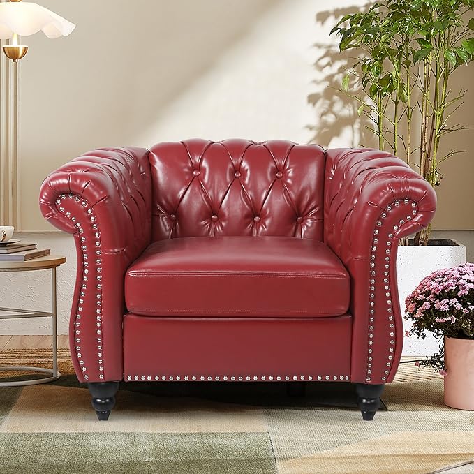 2 Piece Living Room Sofa Set, 3 Seater Faux Leather Sofa Couch and Chair Set, Mid Century Modern Upholstered Couch with Cushions, Comfy Tufted Chesterfield Couches for Bedroom, Office (Wine Red)