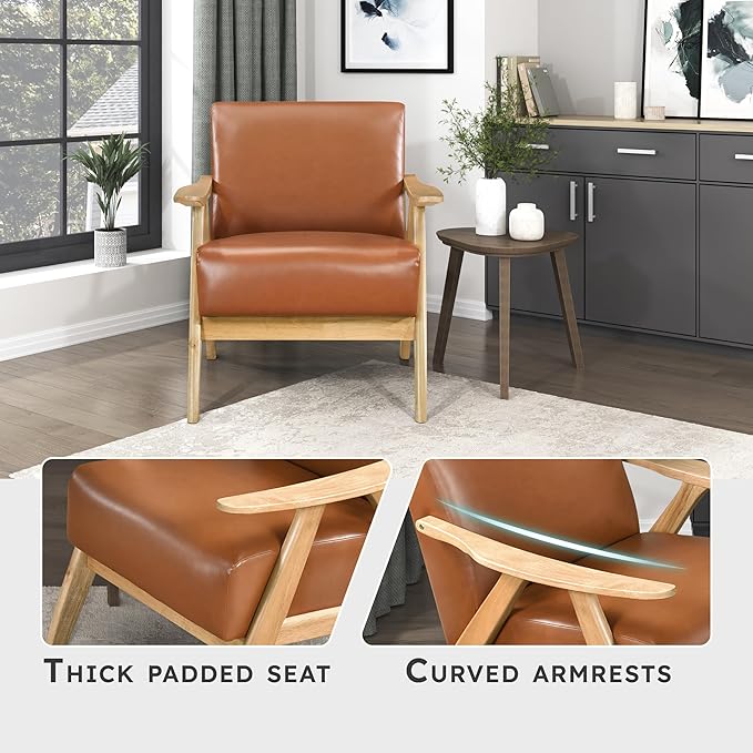 Lexicon Mid Century Modern Accent Chair with Solid Wood Frame in Natural Finish, Faux Leather Living Room Lounge Arm Chair, Thick and Comfy Innerspring Seat Cushion, Brown