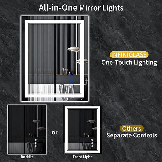 40"x30" LED Bathroom Mirror with Anti-Fog, Stepless Dimmable Lights, 3 Color Modes, Shatter-Proof Tempered Glass, Memory Function & Waterproof Design