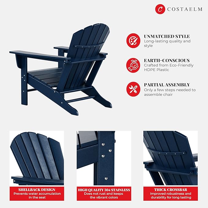 Costaelm Outdoor Adirondack Chair, HDPE Patio Chair, Weather Resistant Lawn Firepit Outside Chairs for Porch, Poolside, Garden, Backyard Deck, Navy Blue