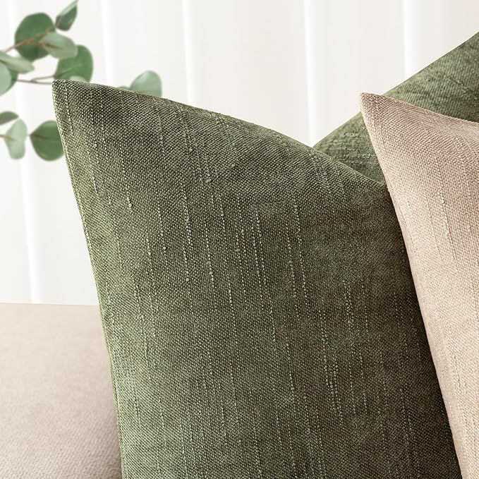 Foindtower Pack of 2 Soft Textured Chenille Throw Decorative Pillow Covers Square Accent Solid Cushion Cover Cozy Neutral Farmhouse Pillow Case for Couch Sofa Bedroom Living Room 20x20 Inch,Dark Green