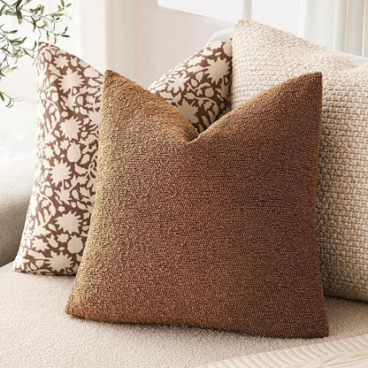 Foindtower Set of 2, Decorative Textured Boucle Throw Pillow Covers Accent Solid Pillow Cases Neutral Soft Cozy Couch Cushion Case for Chair Sofa Bedroom Living Room Home Decor 16x16 Inch Hazel Brown