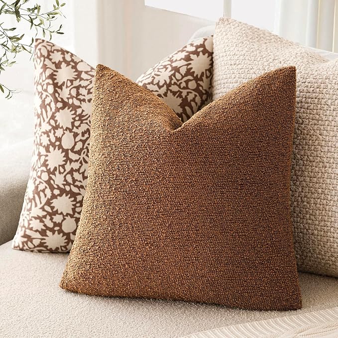 Foindtower Pack of 2 Modern Textured Boucle Throw Pillow Covers Accent Solid Decorative Pillow Cases Cozy Woven Couch Cushion Case for Chair Sofa Bedroom Living Room Home Decor 20x20 Inch Hazel Brown
