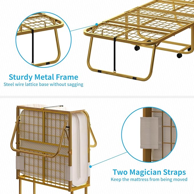 Mjkone Folding Bed with 5" Memory Foam Mattress & Upgraded 75x45 Frame Single Portable Guest Bed, Space-Saving Design, Lockable Wheels for Easy Moving, Quick Assembly & Compact Storage-Gold