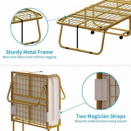Mjkone Folding Bed with 5" Memory Foam Mattress & Upgraded 75x45 Frame Single Portable Guest Bed, Space-Saving Design, Lockable Wheels for Easy Moving, Quick Assembly & Compact Storage-Gold