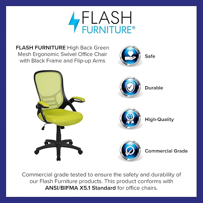 Flash Furniture Porter Mesh High Back Ergonomic Swivel Office Chair with Lumbar Support, Flip-Up Arms, Tilt Lock/Tilt Tension, Height Adjustable, Black/Green Frame