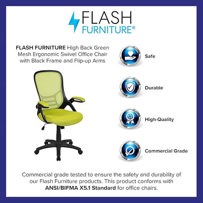 Flash Furniture Porter Mesh High Back Ergonomic Swivel Office Chair with Lumbar Support, Flip-Up Arms, Tilt Lock/Tilt Tension, Height Adjustable, Black/Green Frame