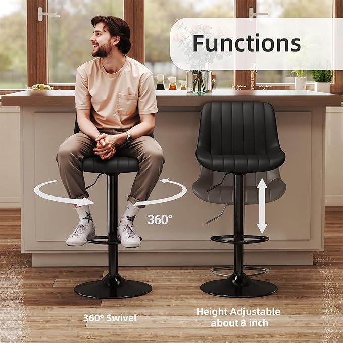 Youhauchair Bar Stools Set of 4, Swivel Counter Height Barstools with Back, Adjustable PU Leather Bar Chairs, Modern Armless Kitchen Island Stool, Black