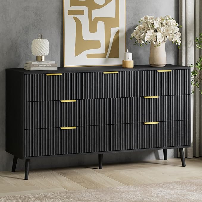 LYNSOM Fluted Dresser and Nightstand Sets 4 Piece, 2-Drawer Nightstands and 5/7 Drawers Dresser, Wood Bedroom Furniture Set for Home, Bedroom, Hallway, Black