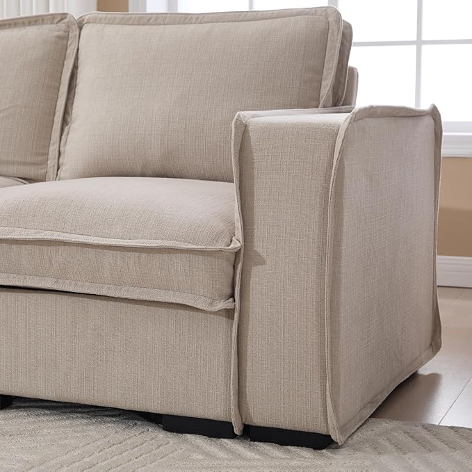 Modern Sectional Sofa for Living Room, Upholstered 3-Seater Modular Couches Linen Fabric L-Shaped Sofa with Ottoman for Home Furniture, Oatmeal