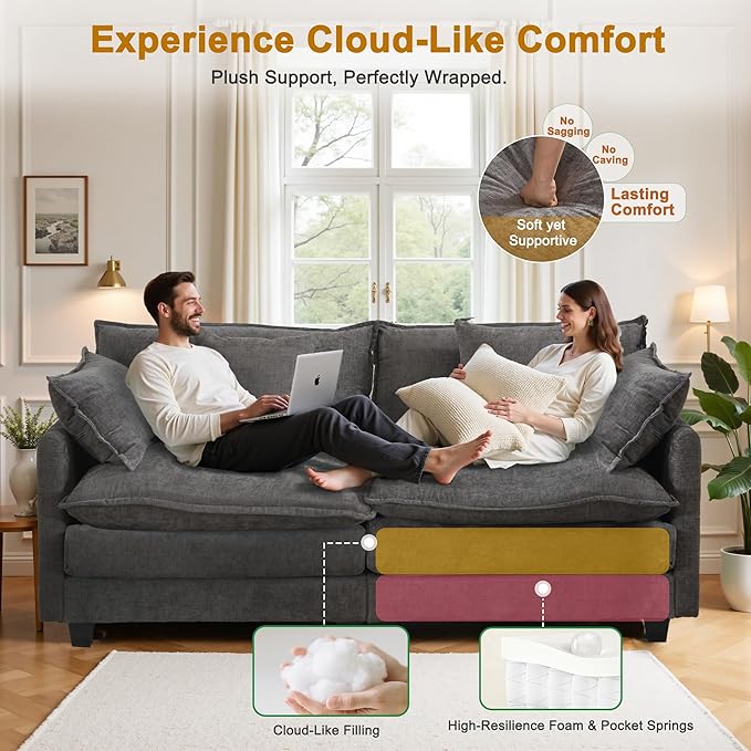 77" Cloud Chenille Sofa Set with Pillows, Deep Seat Loveseat Couch for Apartments, Space Saving 2-Seater with Solid Wood Frame, Easy Assembly (1YR Guarantee)