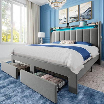 Allewie Velvet Vertical Tufted Full Size Upholstered Platform Bed Frame with 2-Tier LED Storage Headboard & 2 Storage Drawers, USB & Type-C Charging Ports, Noise-Free/No Box Spring Needed, Grey