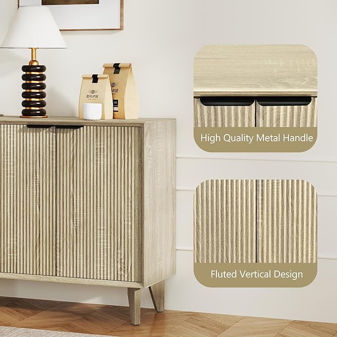 Fluted Cabinet with Storage, Small Buffet Sideborad with Door, Kitchen Buffet Storage Accent Cabinet with Adjustable Shelves for Living Room, Entry, Hallway, Natural