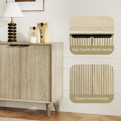 Fluted Cabinet with Storage, Small Buffet Sideborad with Door, Kitchen Buffet Storage Accent Cabinet with Adjustable Shelves for Living Room, Entry, Hallway, Natural