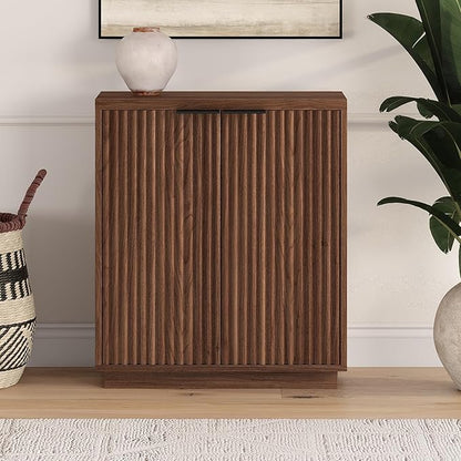 Henn&Hart 28" Fluted Wooden Accent Cabinet, Modern Ribbed Sideboard Buffet Cabinet with 2 Doors and an Adjustable Shelf for Living Room, Dining Room, Bedroom or Entryway, Satin Walnut
