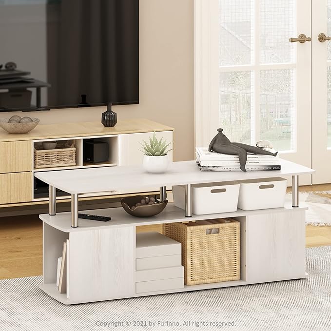 Furinno Jaya Coffee Table, Rectangle Modern Coffee Table with Open Shelf, Side Table with Side Storage, for Living Room, Bedroom, Home Office, White Oak/Stainless Steel