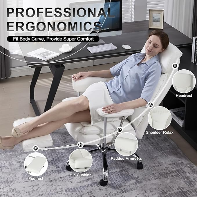 Big and Tall Office Chair, Executive Home Office Desk Chair, Comfy Leather High-Back Reclining Computer Chair with Retractable Footrest and Padded Arms, 360°Swivel Rolling Wheels, Wide Seat, White