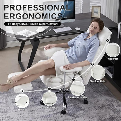 Big and Tall Office Chair, Executive Home Office Desk Chair, Comfy Leather High-Back Reclining Computer Chair with Retractable Footrest and Padded Arms, 360°Swivel Rolling Wheels, Wide Seat, White