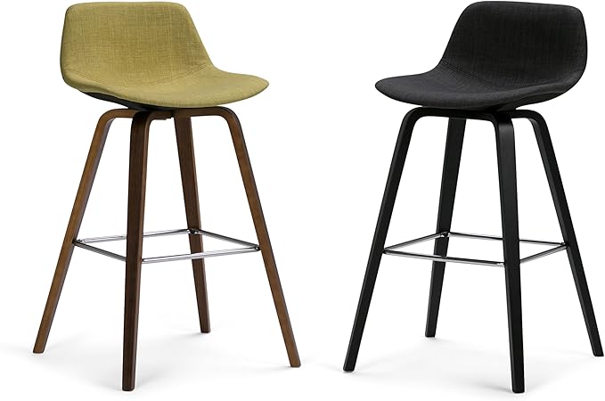 SIMPLIHOME Randolph Counter Stools (Set of 2) - 28 Inch Seat Height Upholstered Bentwood Kitchen Seats in Acid Green Linen Look Fabric, Mid Century Modern Seating with Curved Backrest and Footrest