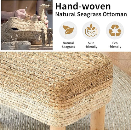 Ottoman Foot Stool Rectangular Footrest Natural Seagrass Footstool with Wooden Legs Hand Weave Multifunctional Modern Dressing Stool, Sofa Side Table for Bedroom for Living Room (White)