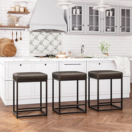 ALPHA HOME 24 Inch Counter Height Bar Stools Set of 3, Upholstered Bar Stools for Kitchen Island, Counter Stools with Faux Leather Cushion and Sturdy Metal Frame, Modern Barstools, Grey