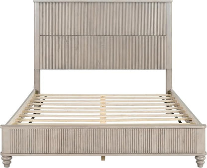 Queen Size Solid Wood Platform Bed Frame, Solid Wood Bed with 63.58" Headboard, Solid Wood Leg/No Box Spring Needed/Noise Free/Beige