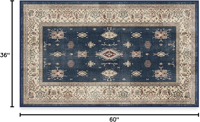 RUGGABLE Washable Vintage Area Rug – Verena Sapphire 3x5, Stain-Resistant, Non-Slip – Small Machine Washable Rugs for Living Room, Bedroom, Hallway, Entryway & Office–with Standard Pad