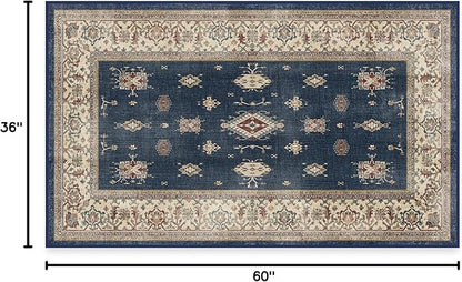 RUGGABLE Washable Vintage Area Rug – Verena Sapphire 3x5, Stain-Resistant, Non-Slip – Small Machine Washable Rugs for Living Room, Bedroom, Hallway, Entryway & Office–with Standard Pad